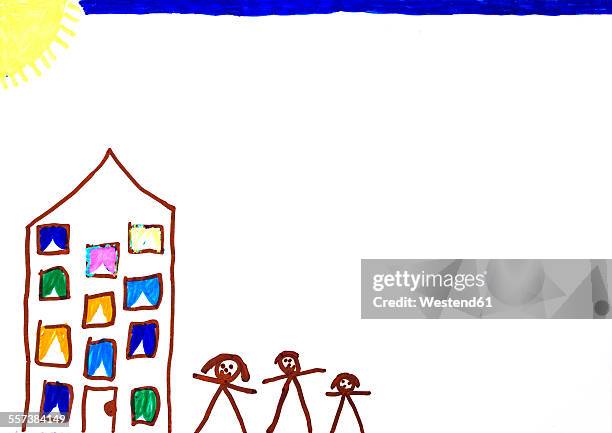 children's drawing of a house and family - stick figure drawing stock pictures, royalty-free photos & images