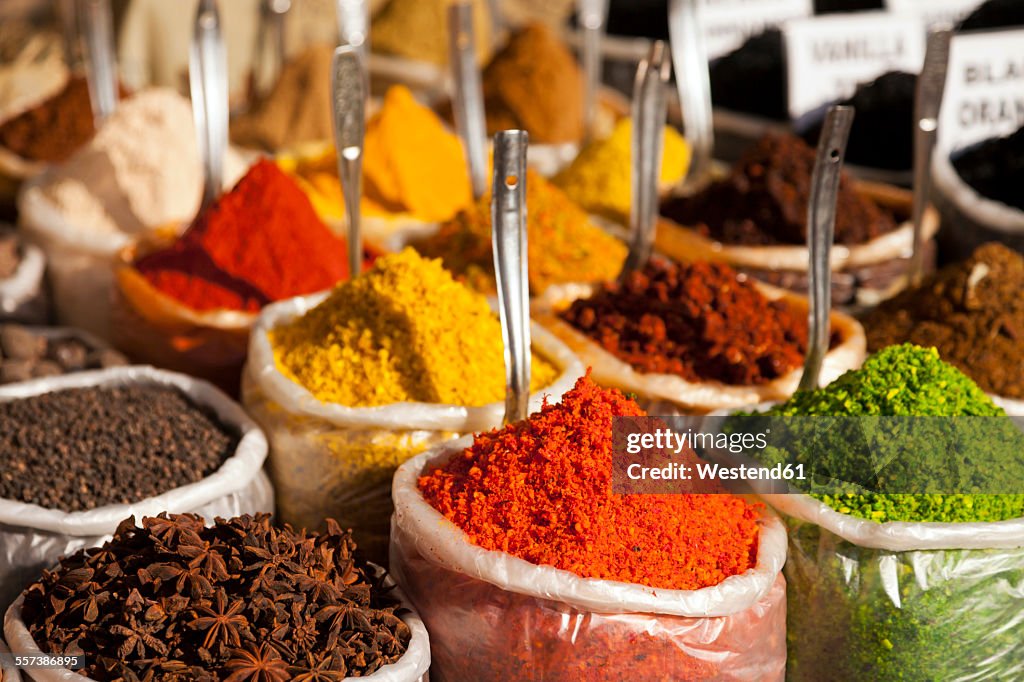 India, Goa, Anjuna, plastic bags of spices on market