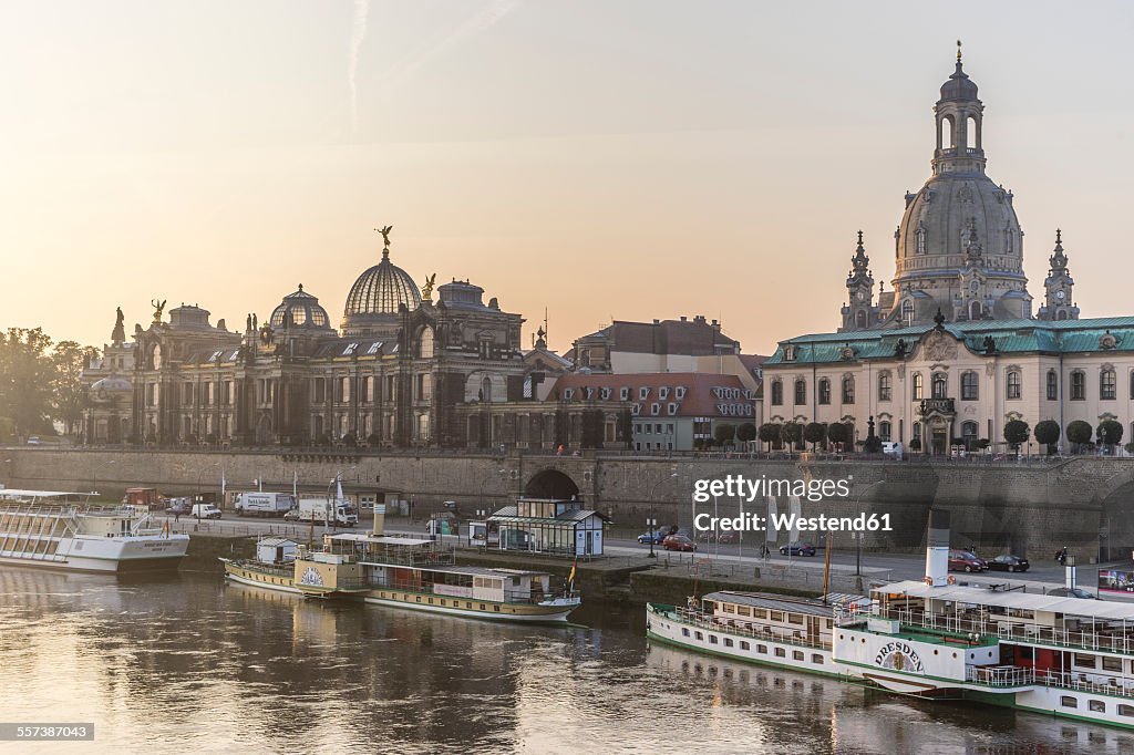 Germany, Dresden, view to city with Elbe River in the foreground in the morning