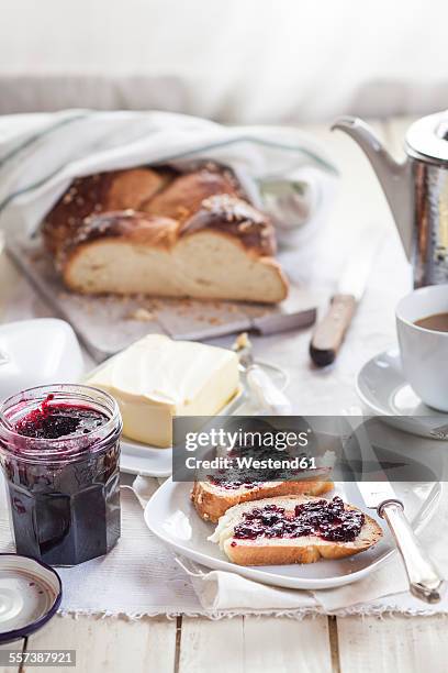 slices of challah with berry jam - braided bread stock pictures, royalty-free photos & images