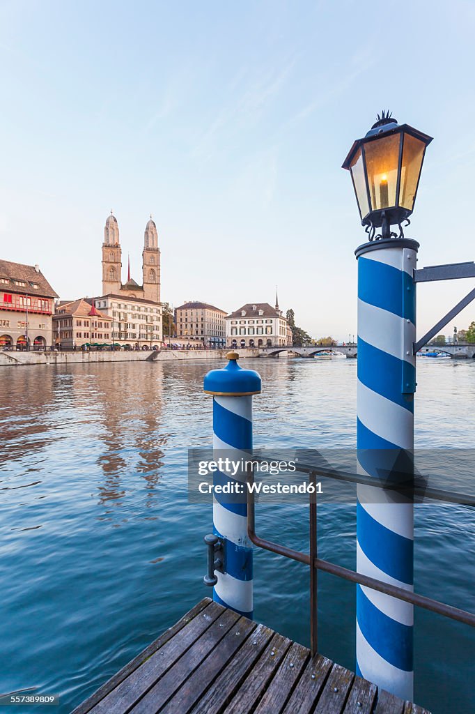 Switzerland, Zurich, River Limmat, Limmat Quai, mooring area, Great Minster in the background