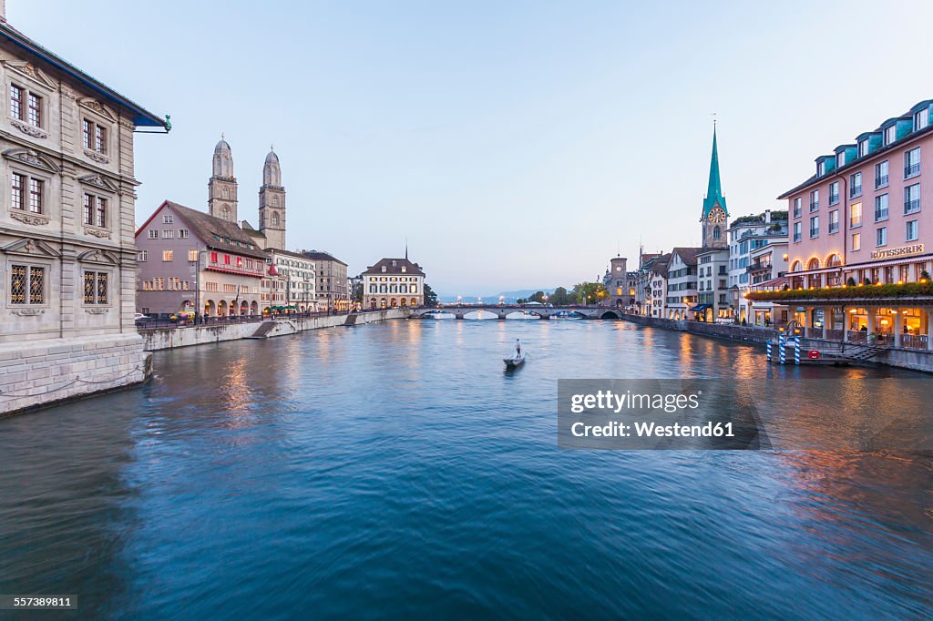 Switzerland, Zurich, River Limmat, Limmatquai, Town hall, Great minster and Fraumuenster Church