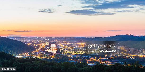 germany, baden-wuerttemberg, neckarvalley, river neckar, view to stuttgart with industrial area in the evening - stuttgart panorama stock pictures, royalty-free photos & images