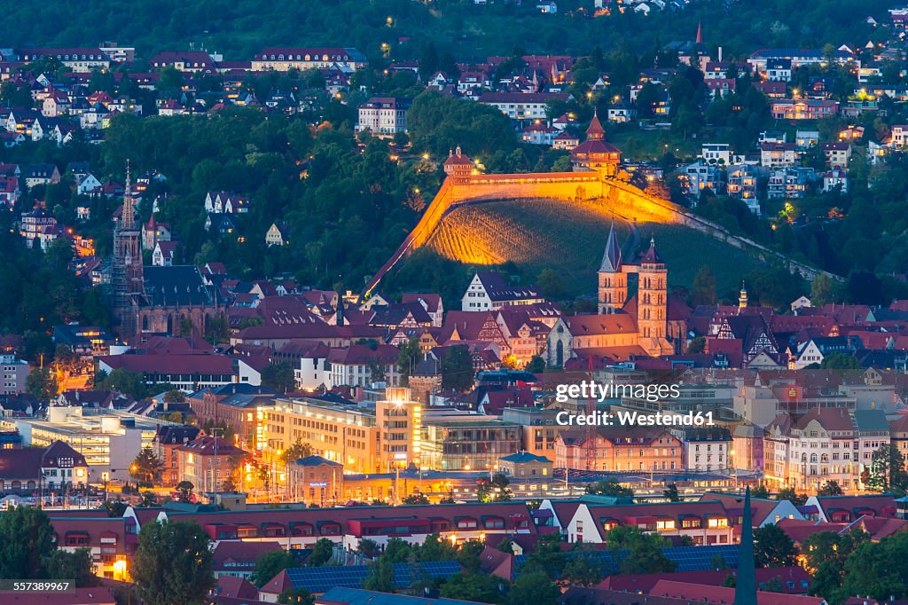 Germany, Baden-Wuerttemberg, Esslingen, View to city centre with castle in the evening