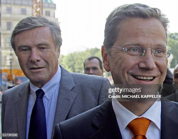 Guido Westerwelle , head of the Free Democrats , and his party's parliamentary fraction leader Wolfgang Gerhardt arrive on 22 September 2005 at the...