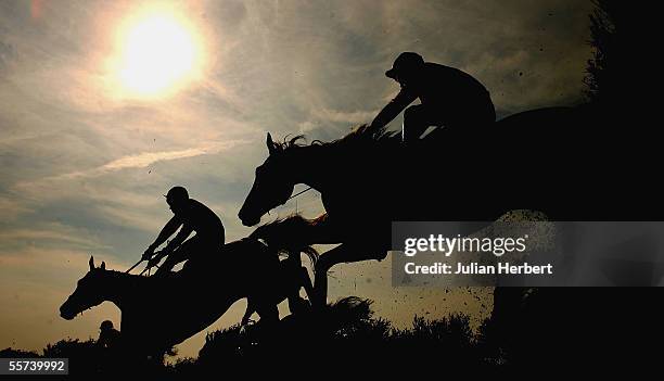 Runners clear an early fence in The Champagne Joseph Perrier Maiden Steeple Chase Race run at Fontwell Racecourse on Septeber 22, 2005 in Fontwell,...