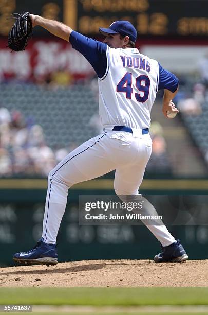 Pitcher Chris Young of the Texas Rangers pitches during the game against the Minnesota Twins at Ameriquest Field in Arlington on August 28, 2005 in...