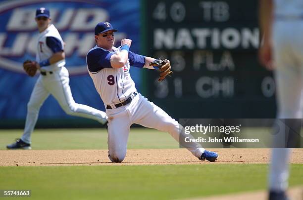 Third baseman Hank Blalock of the Texas Rangers fields his position during the game against the Minnesota Twins at Ameriquest Field in Arlington on...