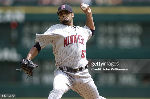 Pitcher Johan Santana of the Minnesota Twins pitches during the game against the Texas Rangers at Ameriquest Field in Arlington on August 28, 2005 in...