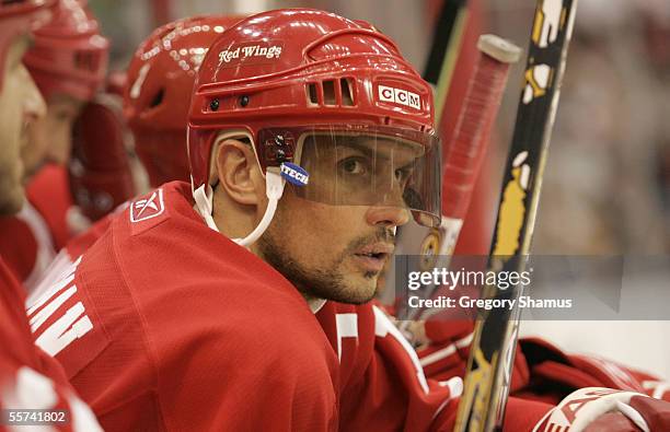 Steve Yzerman of the Detroit Red Wings looks on with his new viser he is wearing this year after taking a puck to the face in the 2004 playoffs...