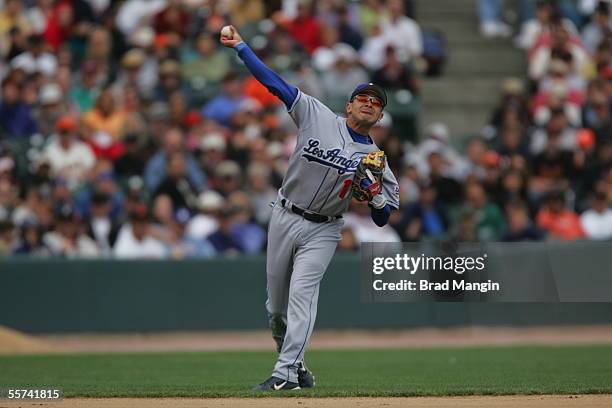 Oscar Robles of the Los Angeles Dodgers makes a play at shortstop during the game against the San Francisco Giants at SBC Park on September 17, 2005...