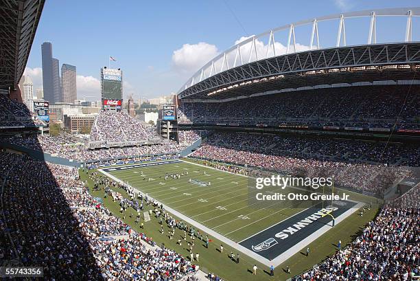 General view of the Qwest Field Stadium during a game bewteen the Atlanta Falcons and the Seattle Seahawks on September 18, 2005 in Seattle,...