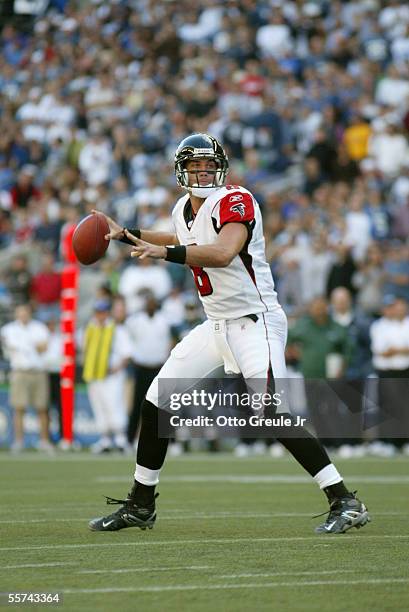 Matt Schaub of the Atlanta Falcons pulls back for the pass during a game against the Seattle Seahawks at Qwest Field on September 18, 2005 in...