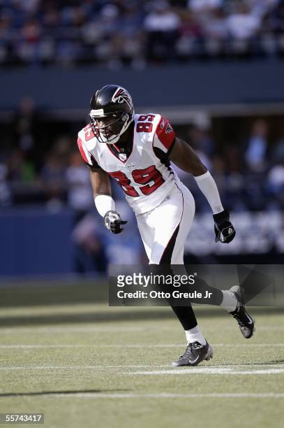 Dez White of the Atlanta Falcons runs on the field against the Seattle Seahawks during a game at Qwest Field on September 18, 2005 in Seattle,...