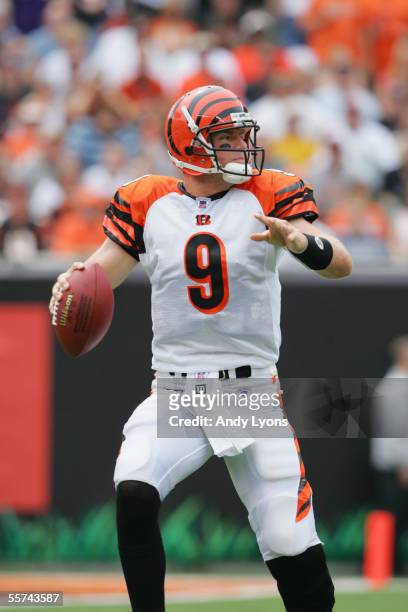 Quarterback Carson Palmer of the Cincinnati Bengals looks to pass against the Minnesota Vikings during the NFL game at Paul Brown Stadium on...