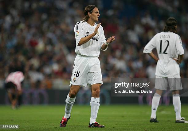 Jonathan Woodgate of Real Madrid applauds during a Primera Liga soccer match between Real Madrid and Athletic Bilbao at the Bernabeu on September 22...