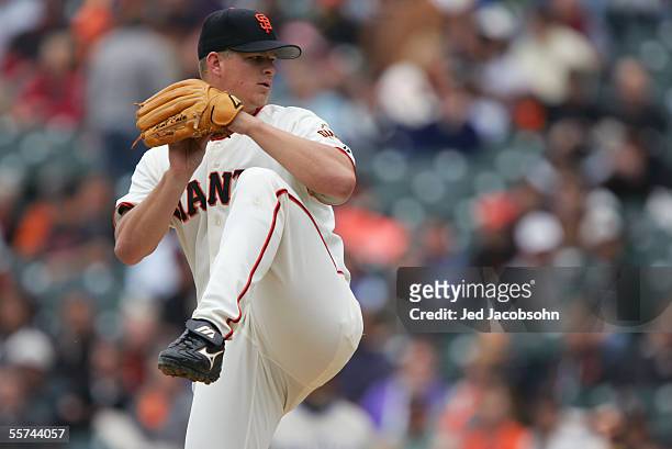 Pitcher Matt Cain of the San Francisco Giants winds back to pitch against the San Diego Padres at SBC Park on September 14th, 2005 in San Francisco,...