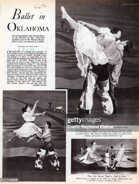 The first page of a feature in Picture Post magazine covering a production of 'Oklahoma' at the Theatre Royal, Drury Lane, 9th August 1947. The...