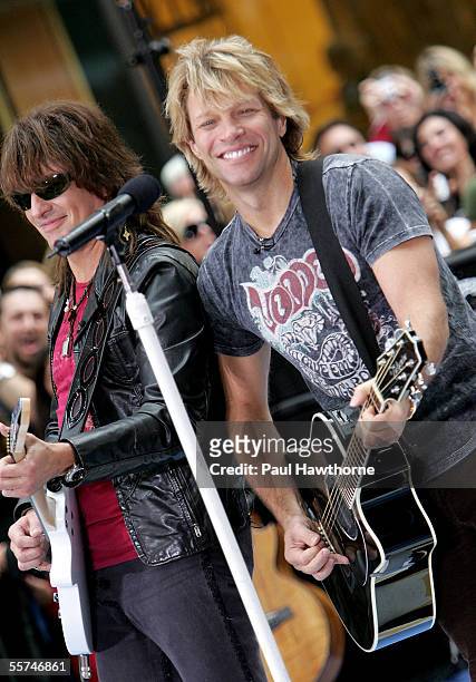 Richie Sambora and Jon Bon Jovi of Bon Jovi perform on stage during the Toyota Concert Series on the "Today" show September 23, 2005 in New York City.