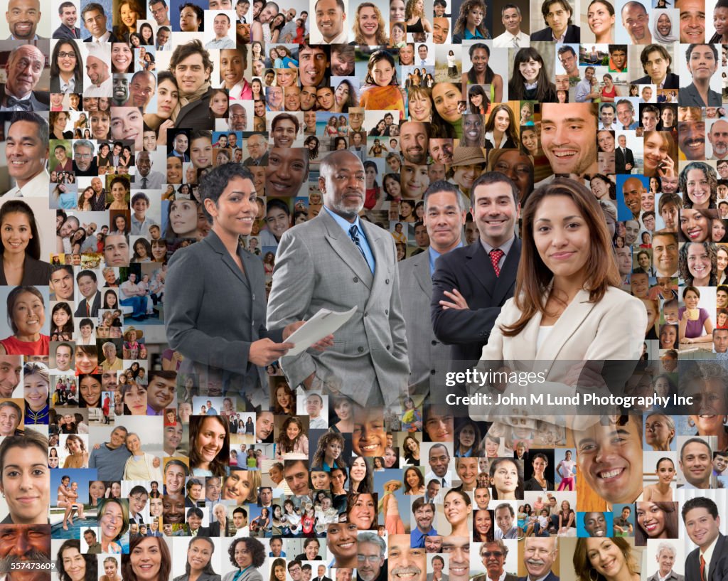 Business people in collage of smiling face