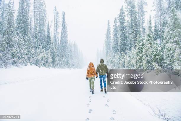 caucasian couple walking on snowy forest road - snow covered road stock-fotos und bilder