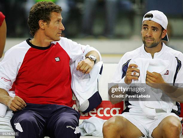 Captain Patrik Kuhnen and Nicolas Kiefer during the second single match in the Davis Cup Play-offs 2005 between Czech Republic and Germany at the...