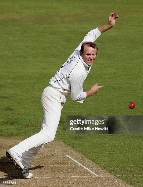 Shaun Udal of Hampshire bowls during the third day of the Frizzell County Championship Division One match between Hampshire and Nottinghamshire at...