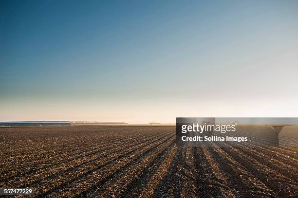 high angle view of farm crop fields under blue sky - guaymas stock-fotos und bilder
