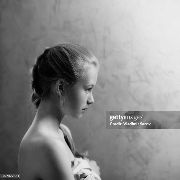 profile of caucasian girl with braided hair - 15 years girl bare stock pictures, royalty-free photos & images