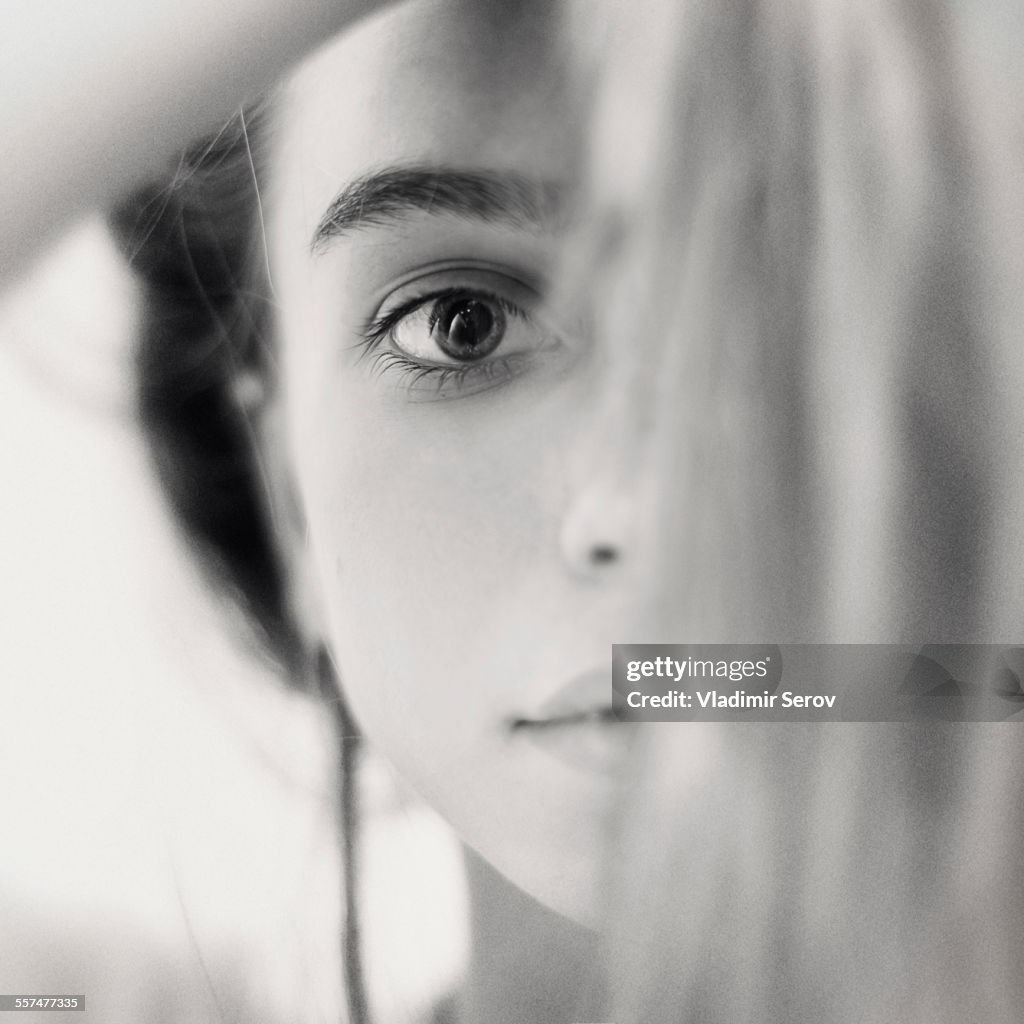 Close up of face of serious Caucasian girl