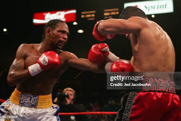 Leavander Johnson throws a left at Jesus Chavez during the IBF Lightweight World Title Bout at the MGM Grand Garden Arena on September 17, 2005 in...