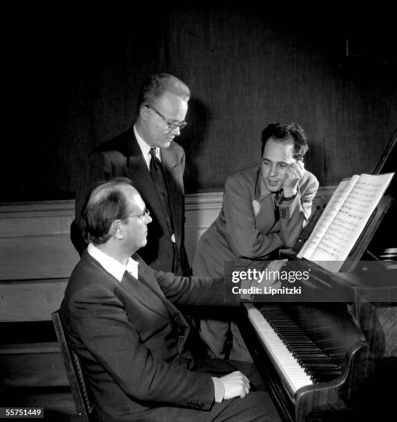 Pierre Boulez, Michel Fano and Olivier Messiaen, French composers . March, 1954. LIP-2049-012.