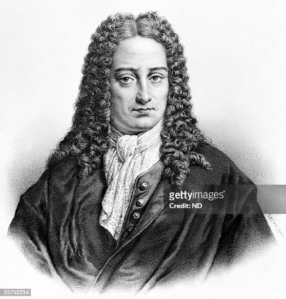 Gottfried Wilhelm Leibniz , German philosopher and mathematician. Lithograph of Pierre-Emile Desmaisons .