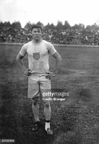 American athlete Jim Thorpe at an athletics meeting at the Parc Pommery in Reims, France, 23rd July 1912. Thorpe is competing in the 110 yards...