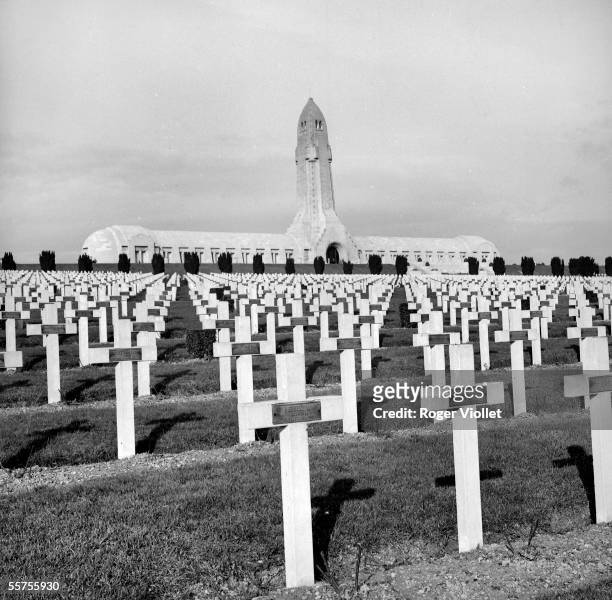 Douaumont Ossuary and military cemetery in Douaumont-Vaux, within the former battlefield of the Battle of Verdun, France, circa 1935. The monument...