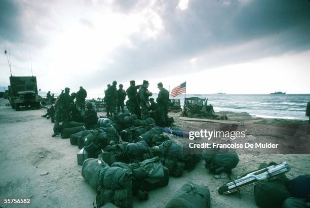 Group of American Marines and their equipment on the beach during the Multinational Force's failed peacekeeping intervention in the Lebanese Civil...