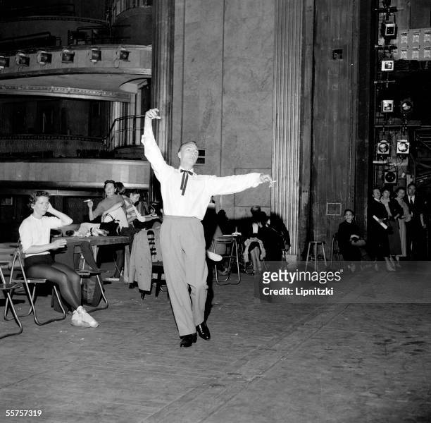 Rehearsal of New York City Ballet in the theater of Champs-Elysees. Paris, June, 1955. George Balanchine and to the left, Maria Tallchief....