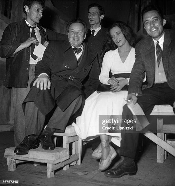 Jean-Louis Barrault, comedian, Arthur Honegger, composer, Balthus, decorator, Maria Casares, comedienne, and Albert Camus, author, from left to...