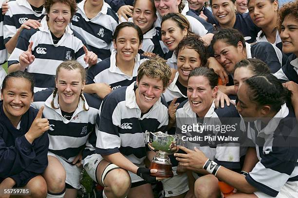 Auckland celebrate with the trophy following the Women's NPC Rugby Final between Auckland and Canterbury at Eden Park September 24, 2005 in Auckland,...