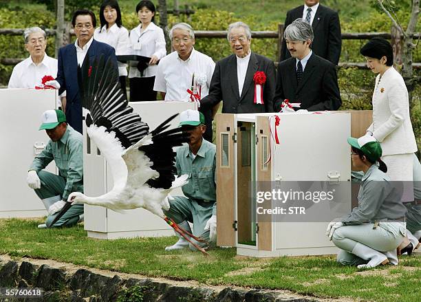 Japanese Prince Akishino and Princess Kiko release one of five artificially bred white storks during a ceremony at a park in Toyooka city, Hyogo...