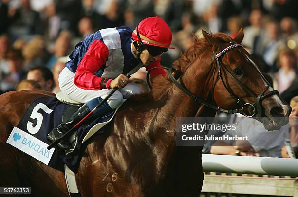 Cristophe Lemaire and Starcraft land The Queen Elizabeth II Stakes Race run at Newmarket Racecourse on September 24, 2005 in Newmarket, England.