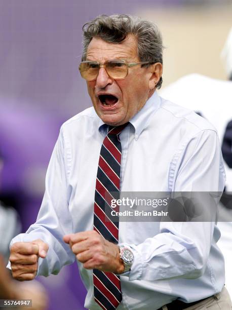 Head coach Joe Paterno of the Penn State Nittany Lions gets worked up on a touchdown by wide receiver Deon Butler after falling behind the...