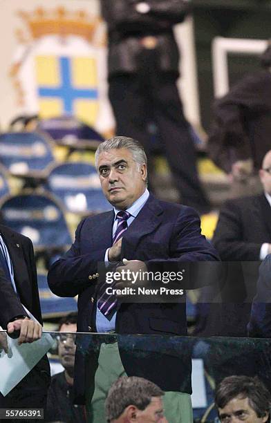 Former Real Madrid president Lorenzo Sanz watches the Serie A match between Parma and Juventus at the Ennio Tardini Stadium on September 24, 2005 in...