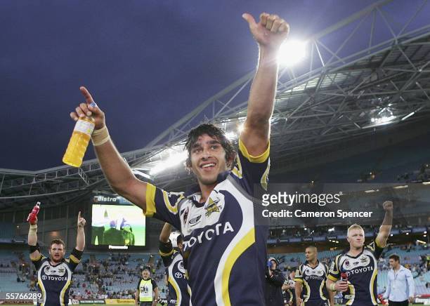 Johnathan Thurston of the Cowboys celebrates winning the NRL Preliminary Final between the Parramatta Eels and the North Queensland Cowboys at...