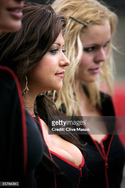 Grid girls in the pitlane ahead of warm up ahead of the British A1 Grand Prix at Brands Hatch on September 25 in Longfield, England.