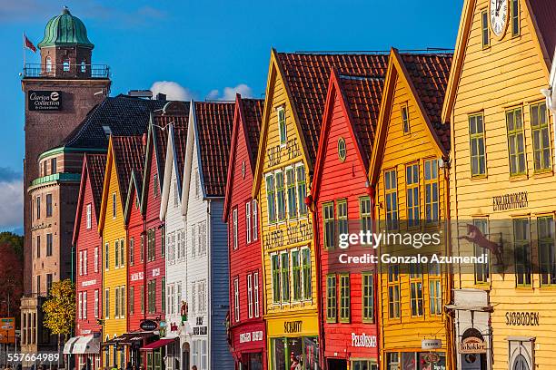 bergen traditional houses in bryggen - bryggen stock pictures, royalty-free photos & images