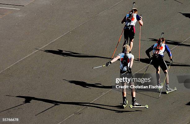 Biathletes compete in the 3x7.5km mens relay during the Biathlon German Championships on September 25, 2005 in Oberhof, Germany.