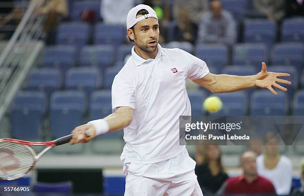 Nicolas Kiefer of Germany in action during the third single match in the Davis Cup Play-offs 2005 between Czech Republic and Germany at the Arena...