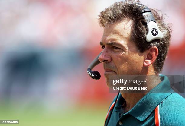 Head coach Nick Saban of the Miami Dolphins watches from the sidelines as his team takes on the Carolina Panthers on September 25, 2005 at Dolphins...