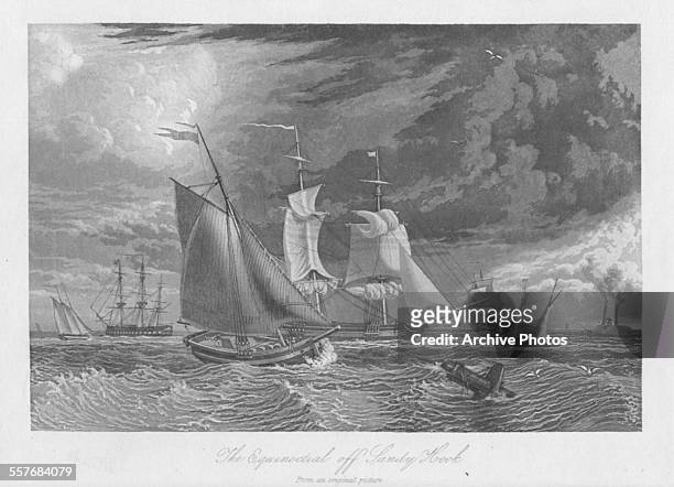 Engraving depicting 'The Equinoctial' ship in the sea off Sandy Hook, New Jersey, circa 1850.